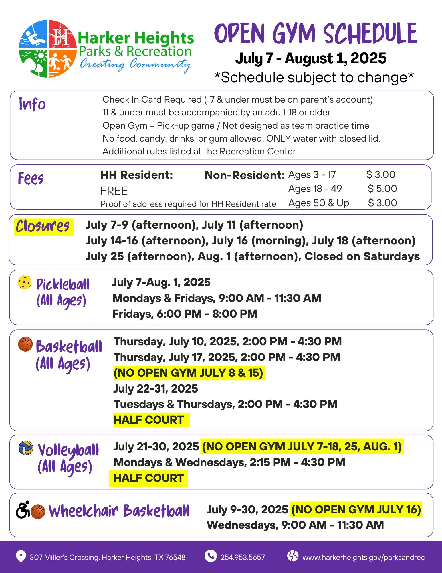 Open Gym Schedule July 7 August 1 2025