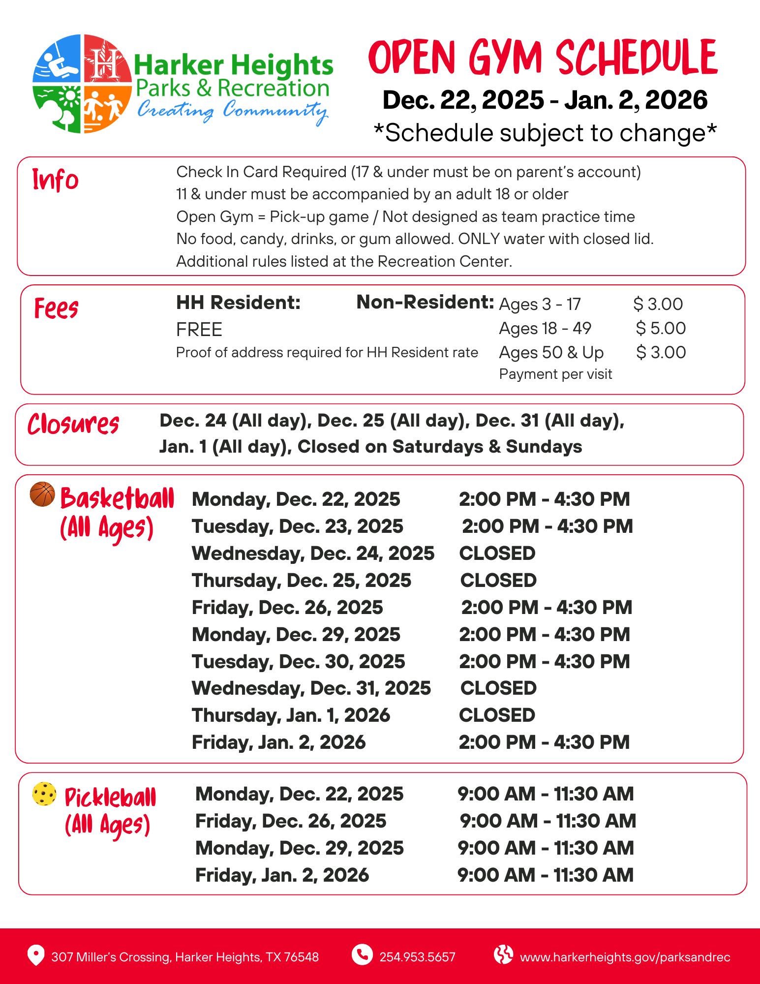 Open Gym Schedule Winter Break 2025