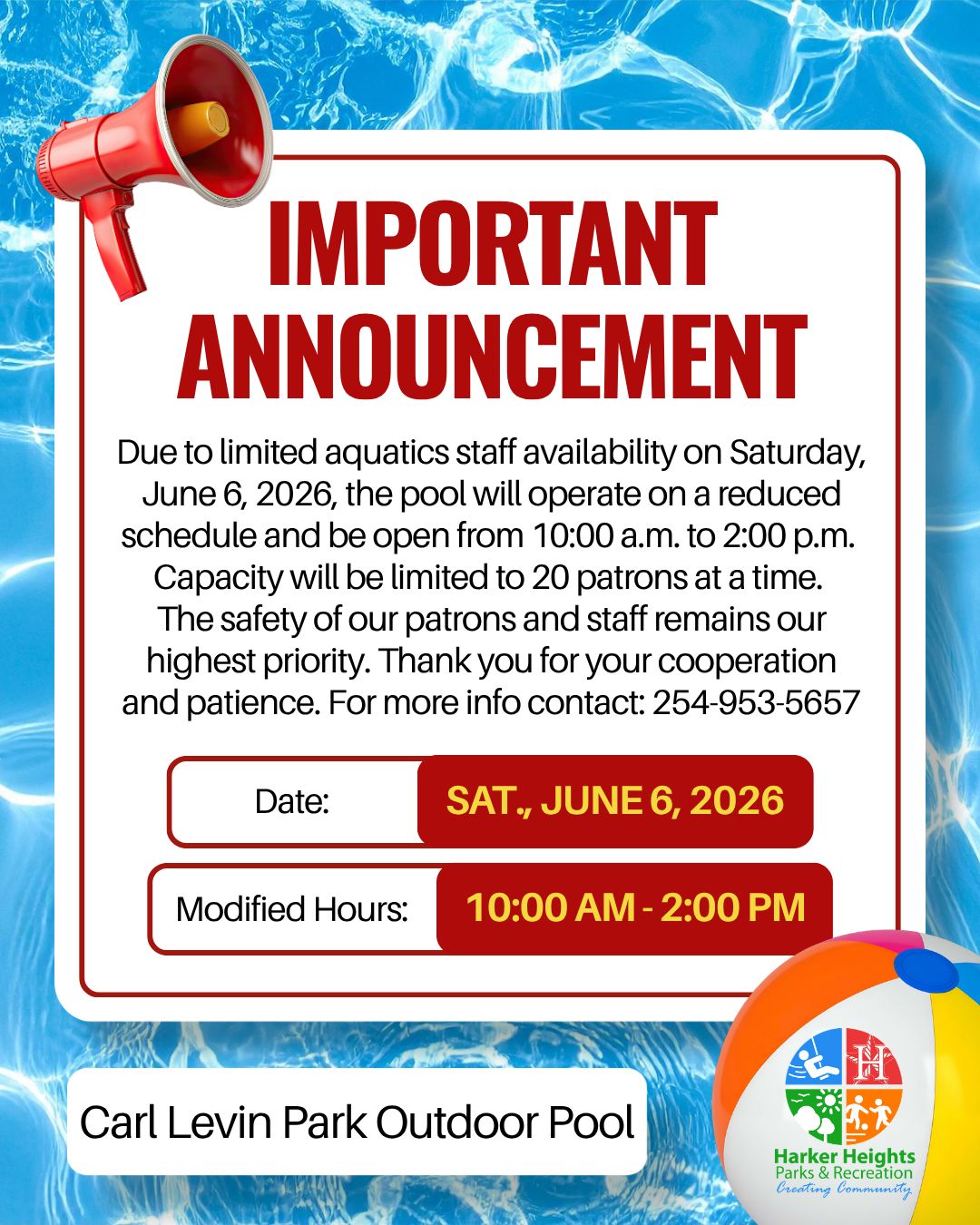 Modified Pool Hours 6.6.2026