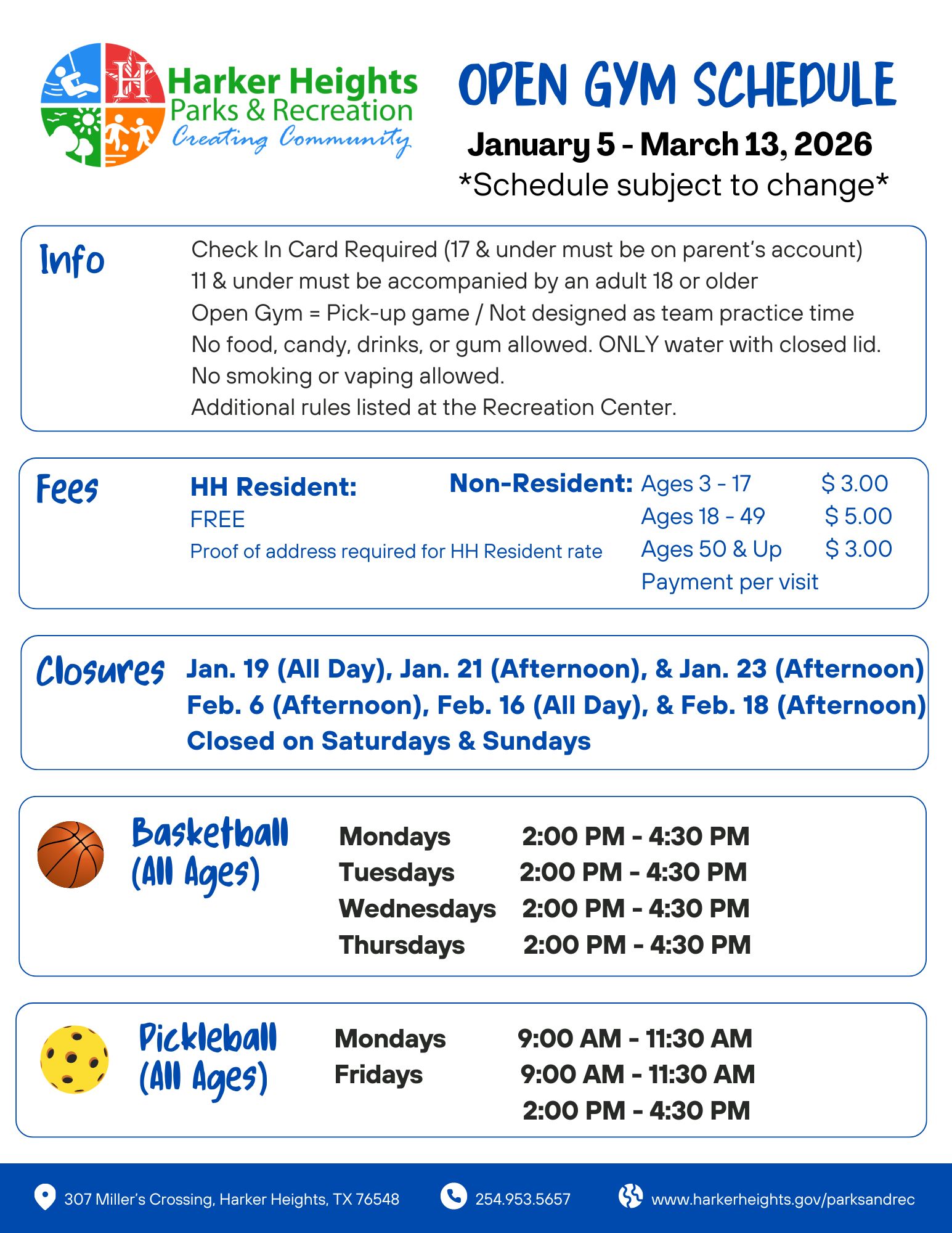 Open Gym Schedule Jan. 5 March 13 2026